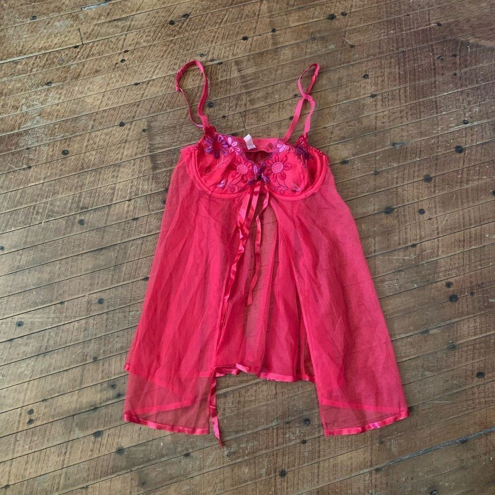 Victoria’s Secret red lacy 34B tie front semi sheer lingerie nightgown